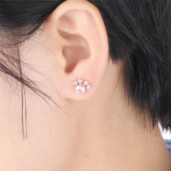 Rose Gold Pink CZ Paw Print Stud Earrings - Picture 3 of 7